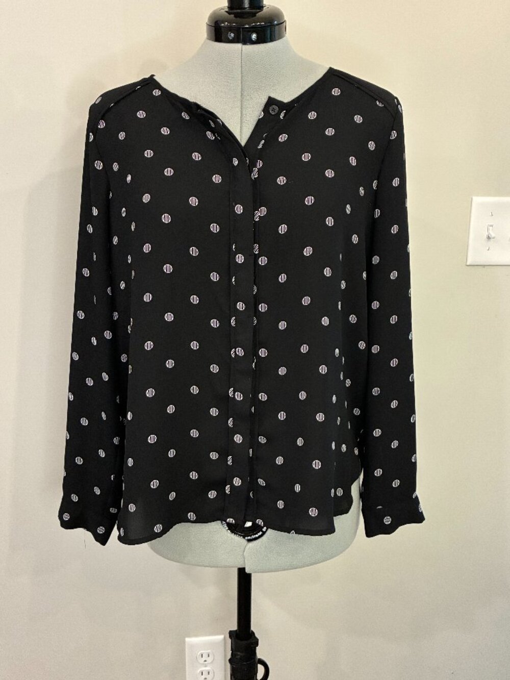 LOFT Black White Polka Dot Sheer Button Front Long Sleeve Blouse